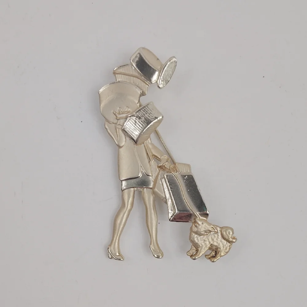 Vintage AJC Woman With Shopping Bags And Dog Brooch Pin